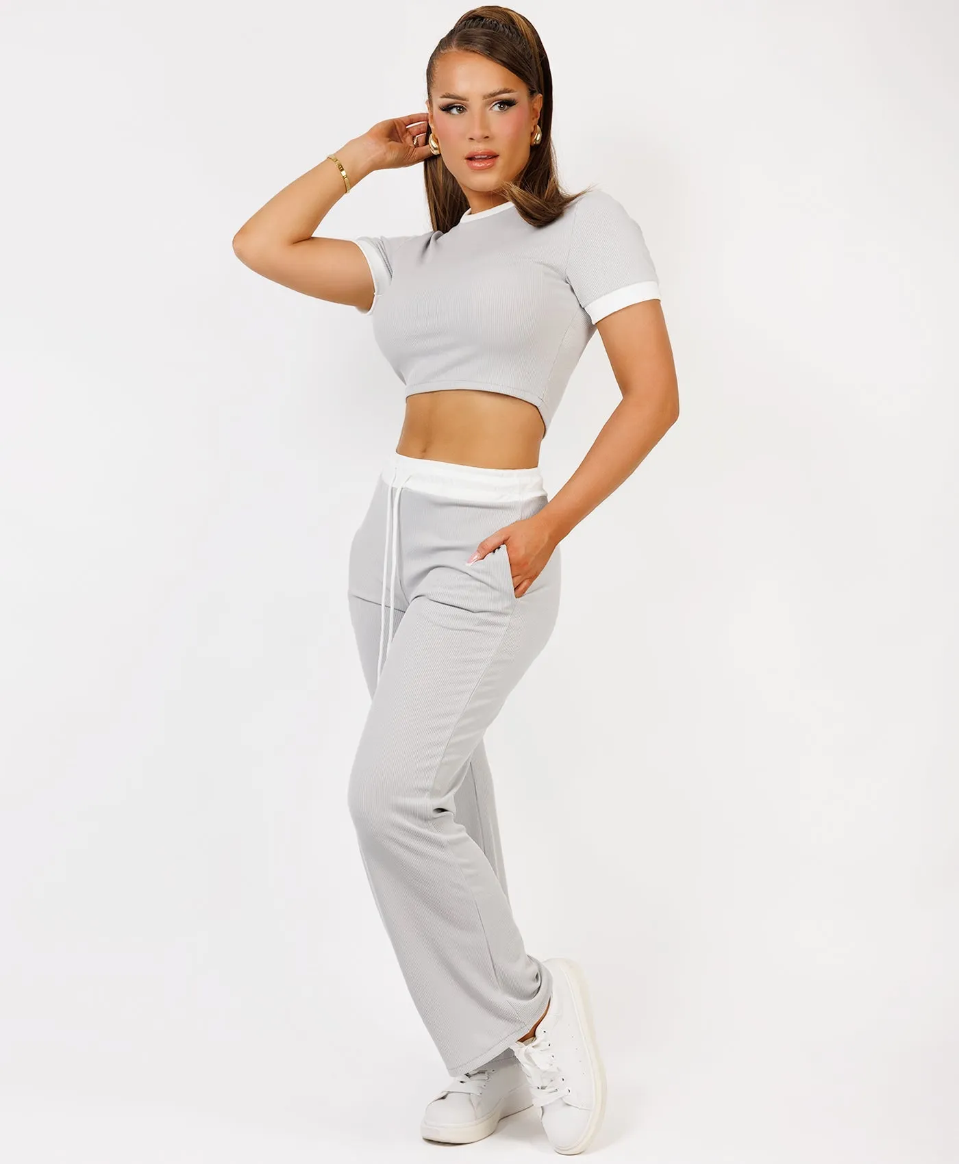 Grey Wide Leg Trousers and Ribbed Top Loungewear Set