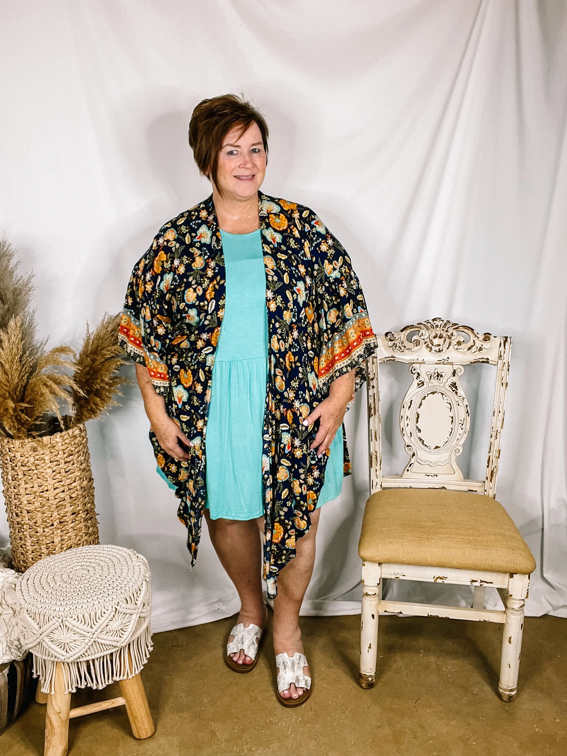 Hard To Leave Side Slit Floral Kimono in Navy Blue