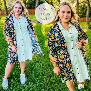 Hard To Leave Side Slit Floral Kimono in Navy Blue
