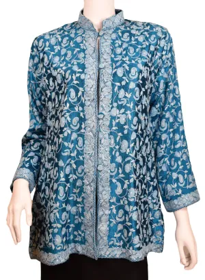 Idyia Blue Silk Dinner Jacket Evening Dress Coat Floral Hand Embroidered Kashmir