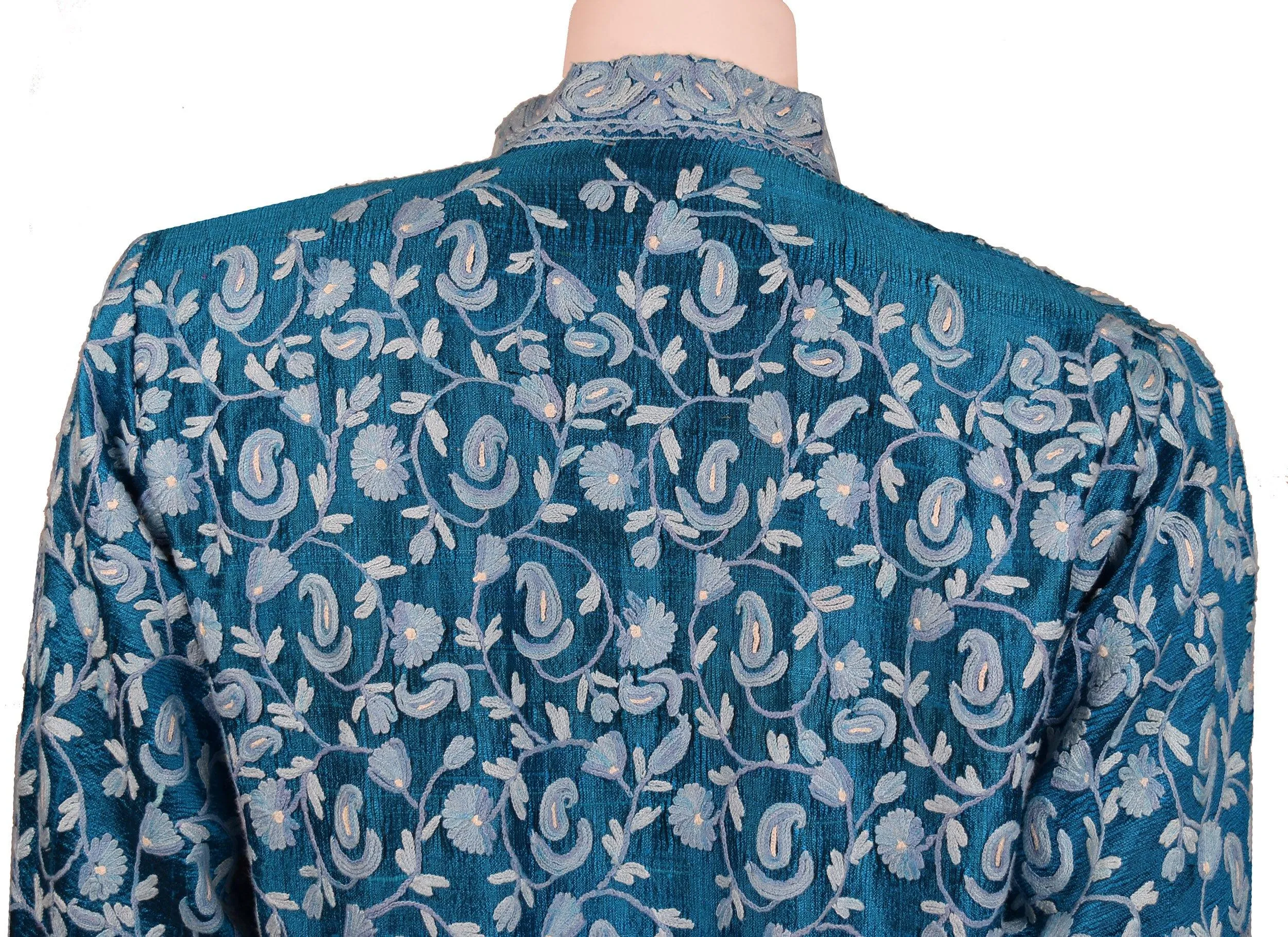 Idyia Blue Silk Dinner Jacket Evening Dress Coat Floral Hand Embroidered Kashmir