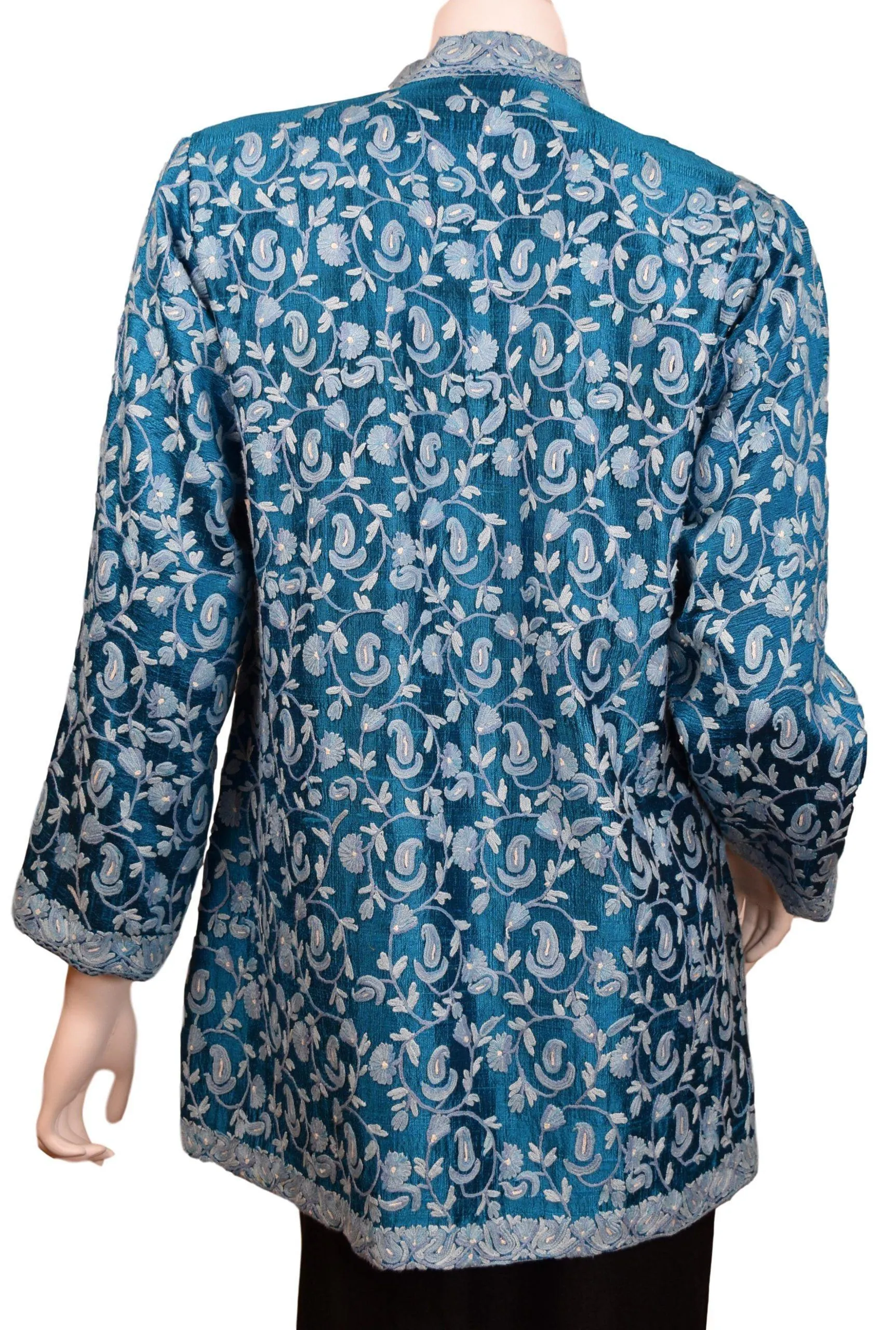 Idyia Blue Silk Dinner Jacket Evening Dress Coat Floral Hand Embroidered Kashmir