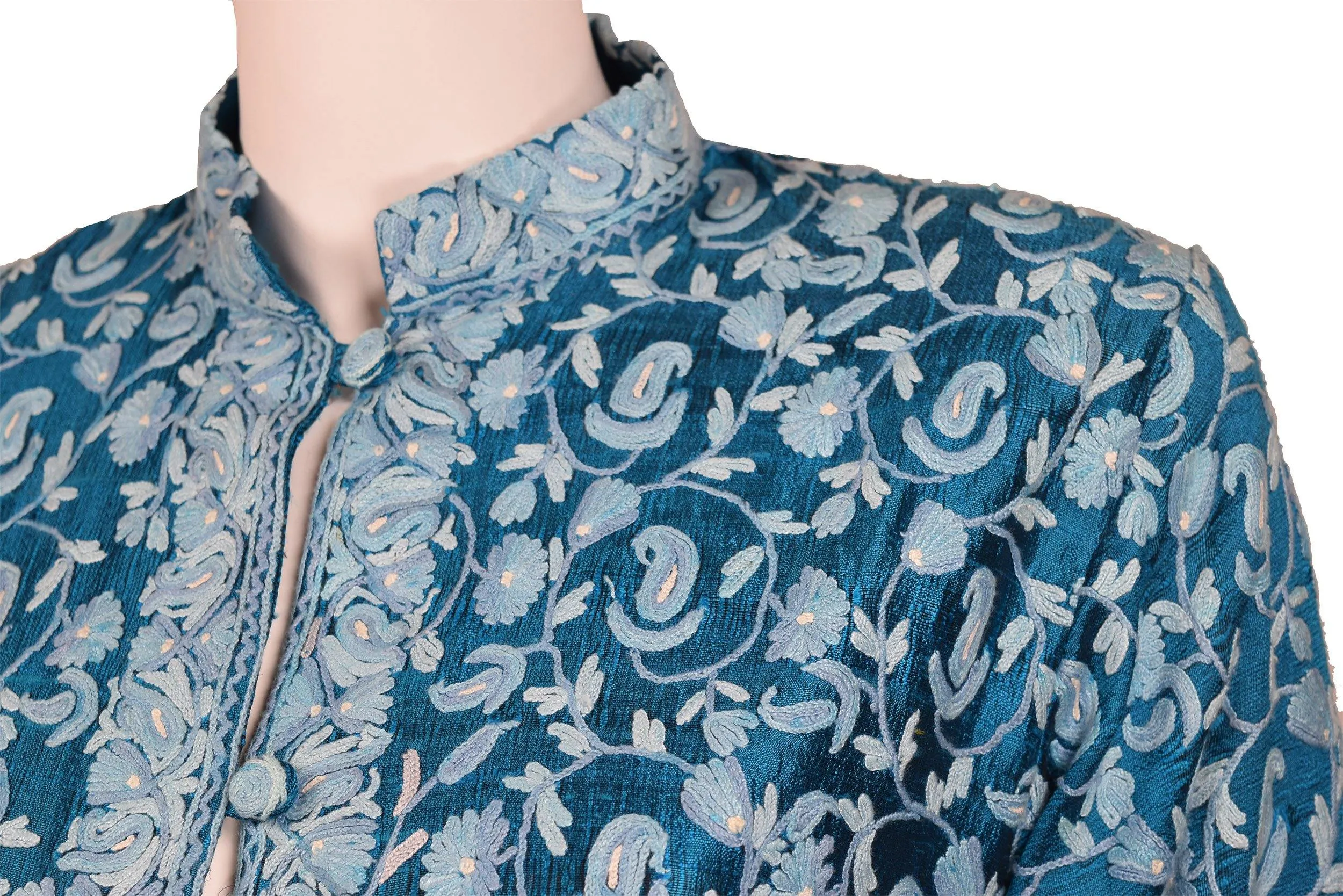 Idyia Blue Silk Dinner Jacket Evening Dress Coat Floral Hand Embroidered Kashmir