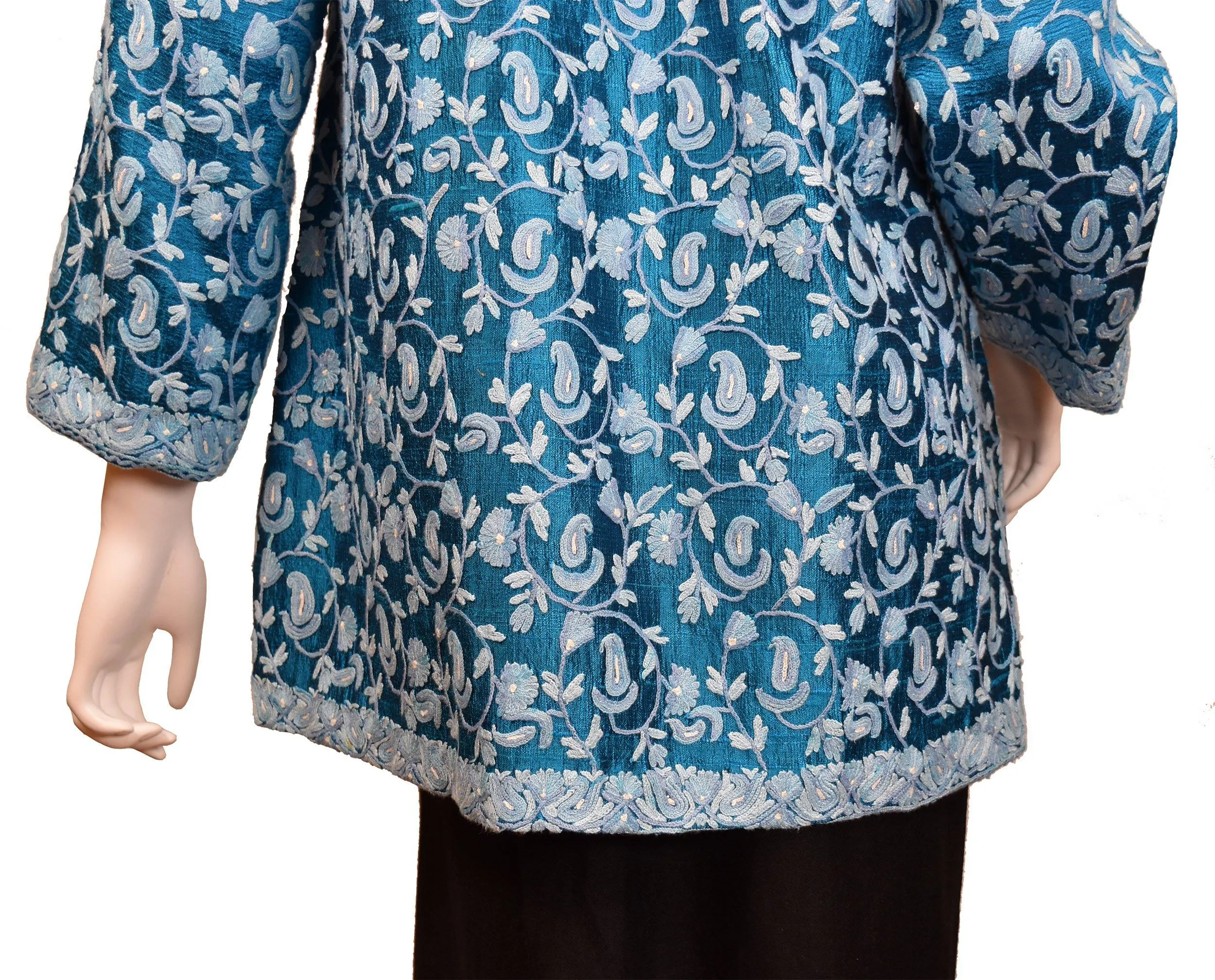 Idyia Blue Silk Dinner Jacket Evening Dress Coat Floral Hand Embroidered Kashmir