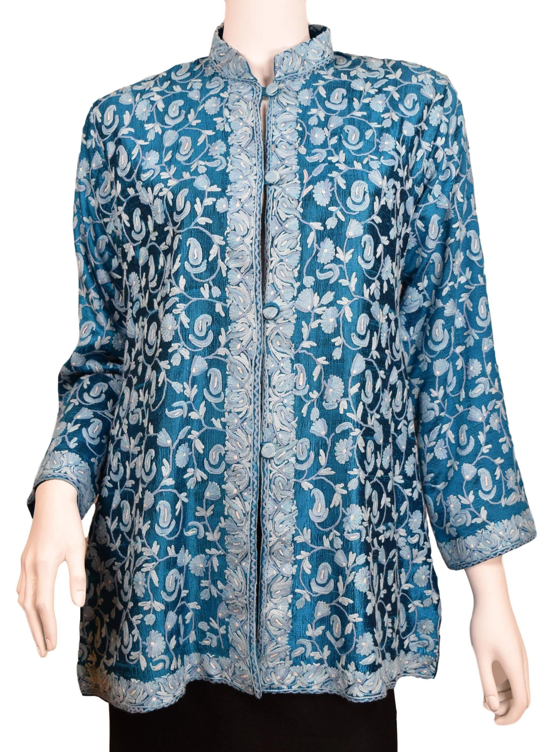 Idyia Blue Silk Dinner Jacket Evening Dress Coat Floral Hand Embroidered Kashmir