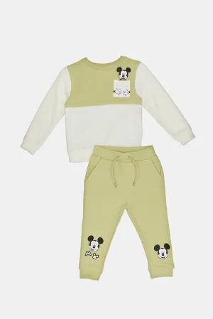 Infant Boys Green And Beige Mickey Mouse Jog Suit (2 Piece)