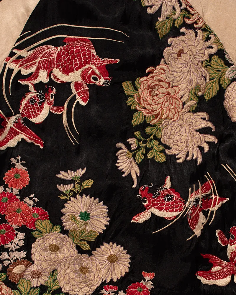 Japanese Repro Souvenir Jacket, Reversible, Black Goldfish and Chrysanthemums - M