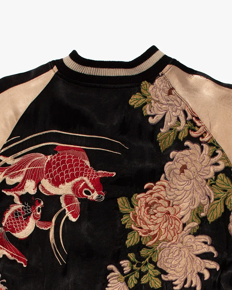 Japanese Repro Souvenir Jacket, Reversible, Black Goldfish and Chrysanthemums - M