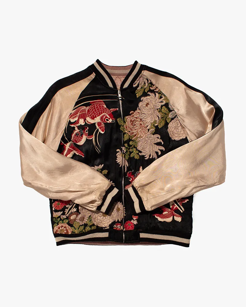Japanese Repro Souvenir Jacket, Reversible, Black Goldfish and Chrysanthemums - M