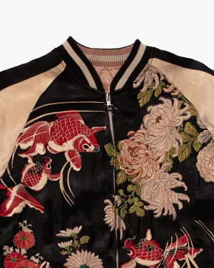 Japanese Repro Souvenir Jacket, Reversible, Black Goldfish and Chrysanthemums - M