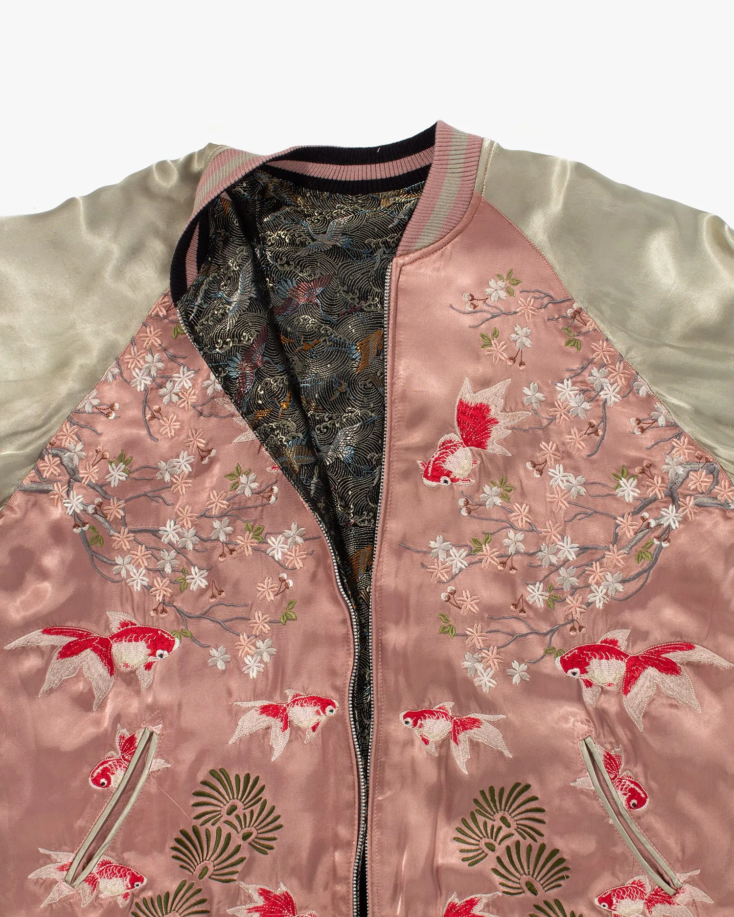 Japanese Repro Souvenir Jacket, Reversible, Pink with Red Goldfish and Blossoms
