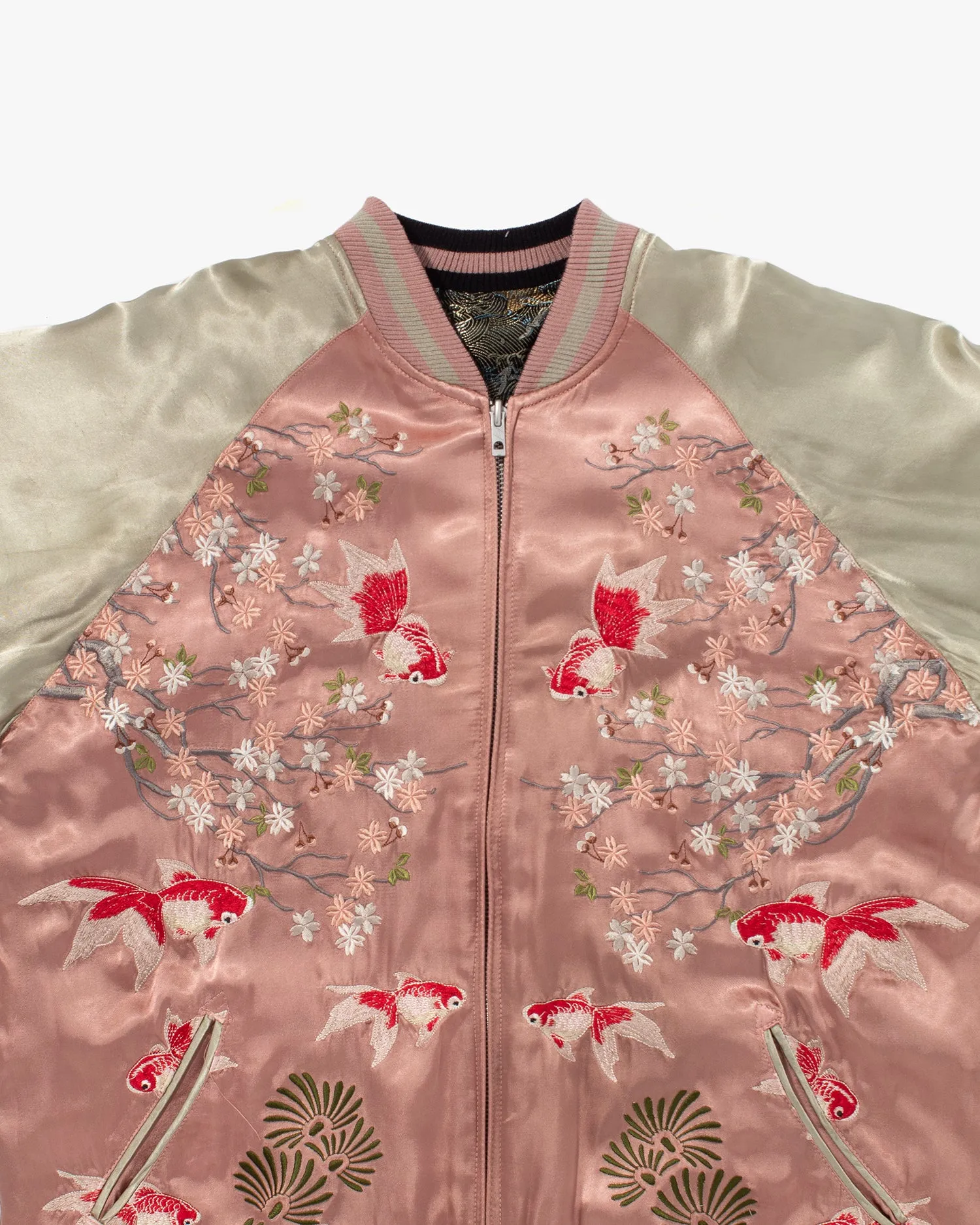 Japanese Repro Souvenir Jacket, Reversible, Pink with Red Goldfish and Blossoms