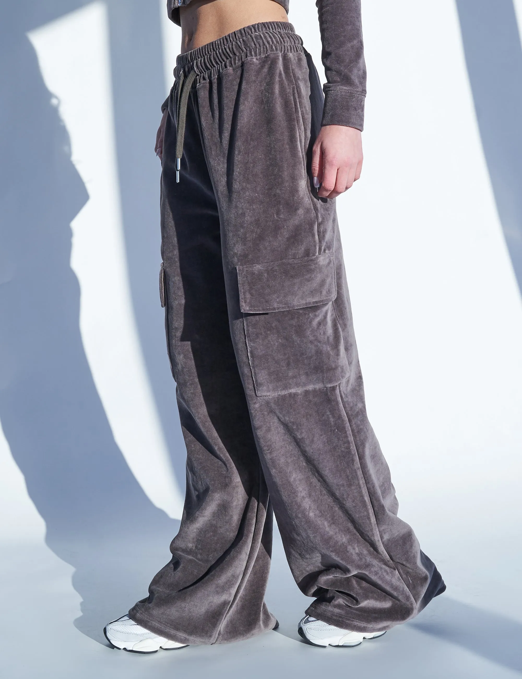 Kaiia Studio Cargo Pocket Velour Trousers Dark Grey