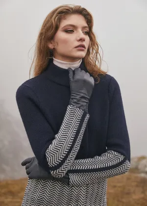 Ladies Herringbone Wool Coat | Natural Navy