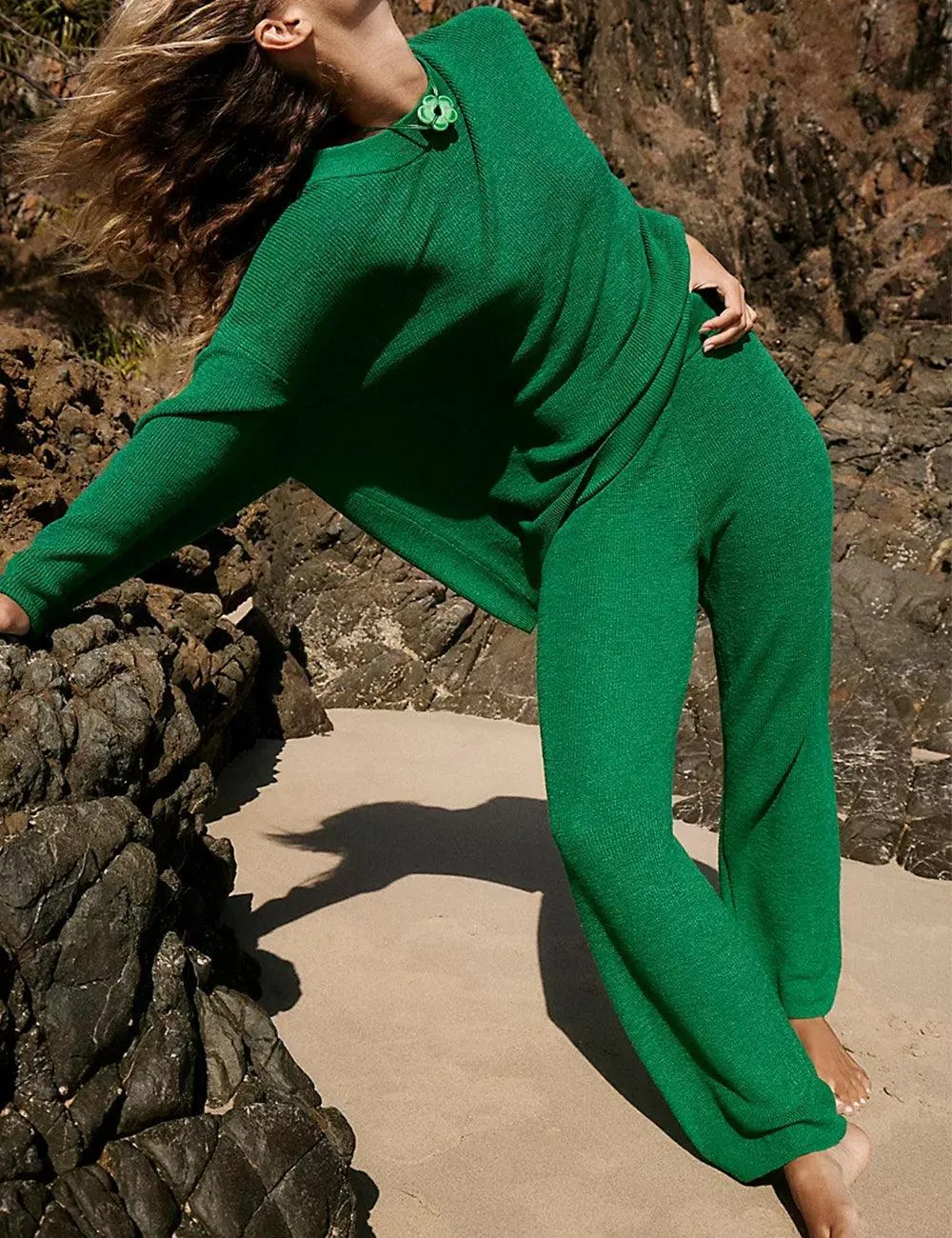 Ladies Solid Color Sweater and Pants Set SKST469