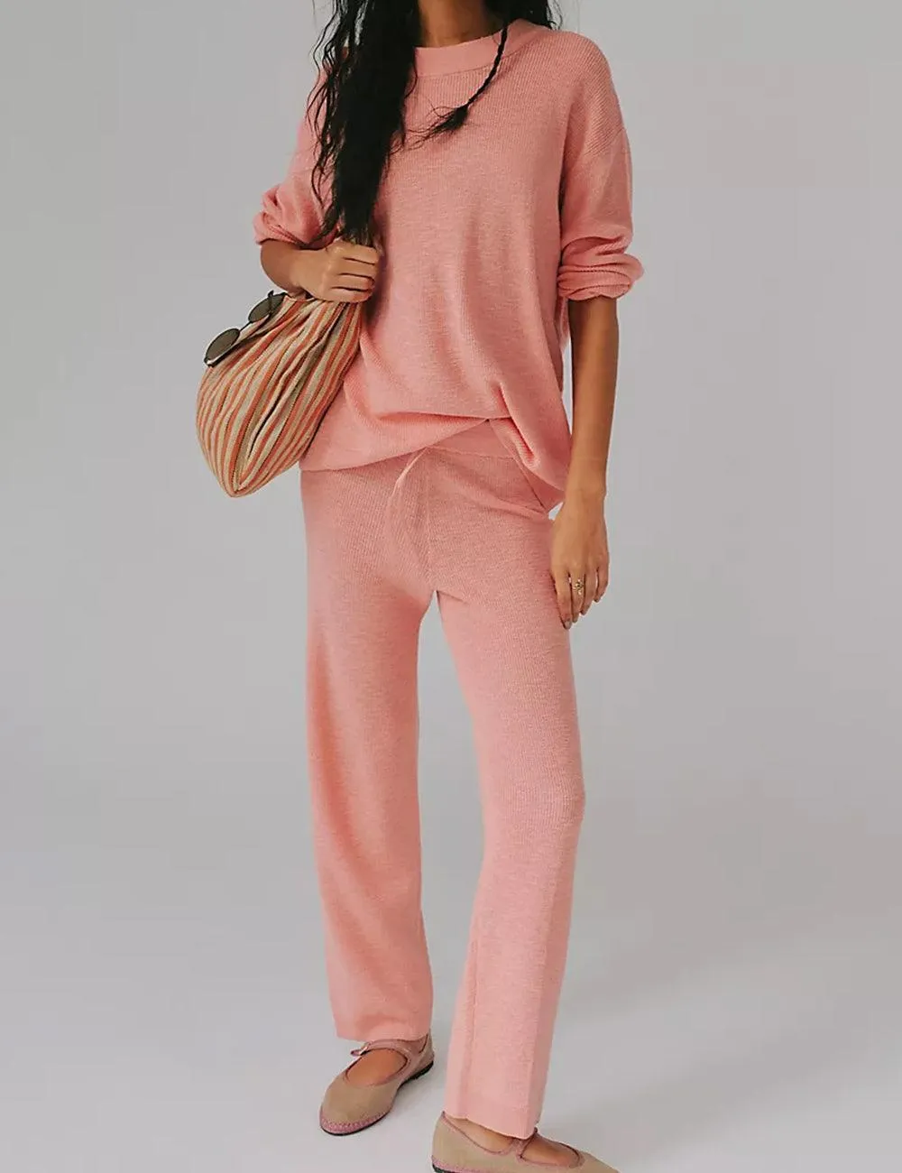 Ladies Solid Color Sweater and Pants Set SKST469