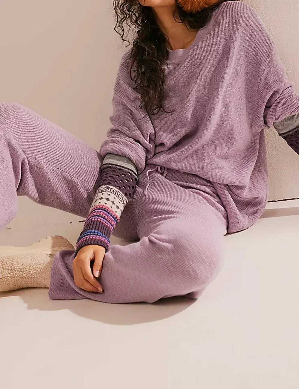 Ladies Solid Color Sweater and Pants Set SKST469