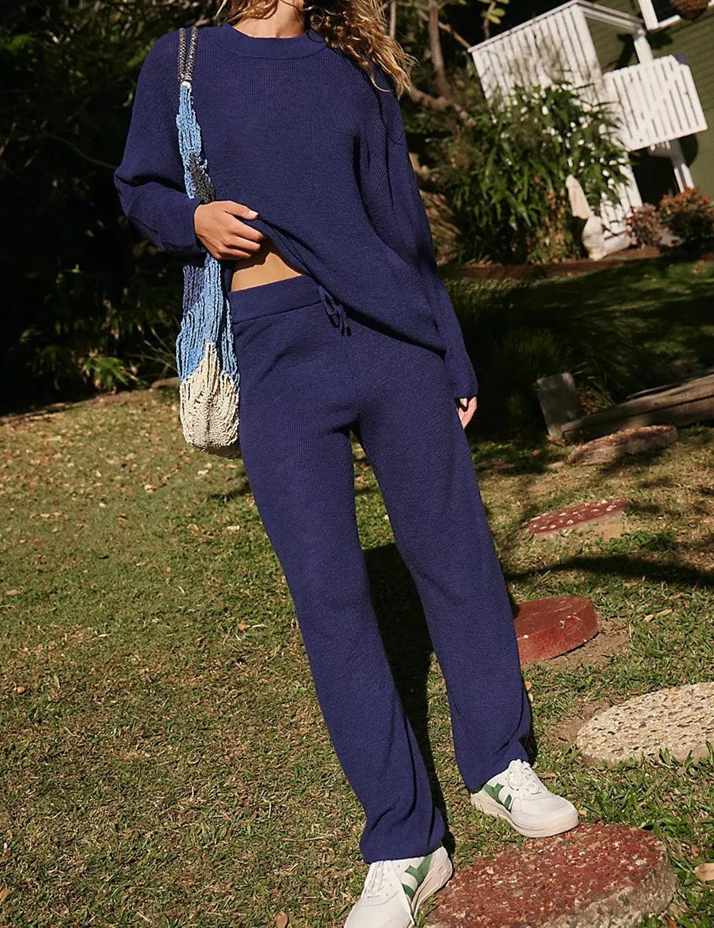 Ladies Solid Color Sweater and Pants Set SKST469