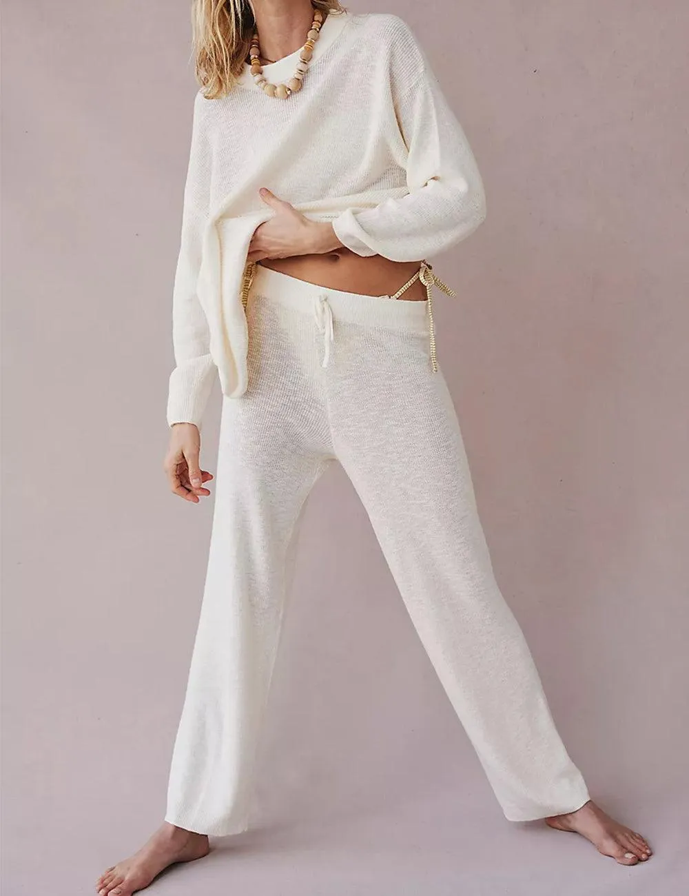 Ladies Solid Color Sweater and Pants Set SKST469