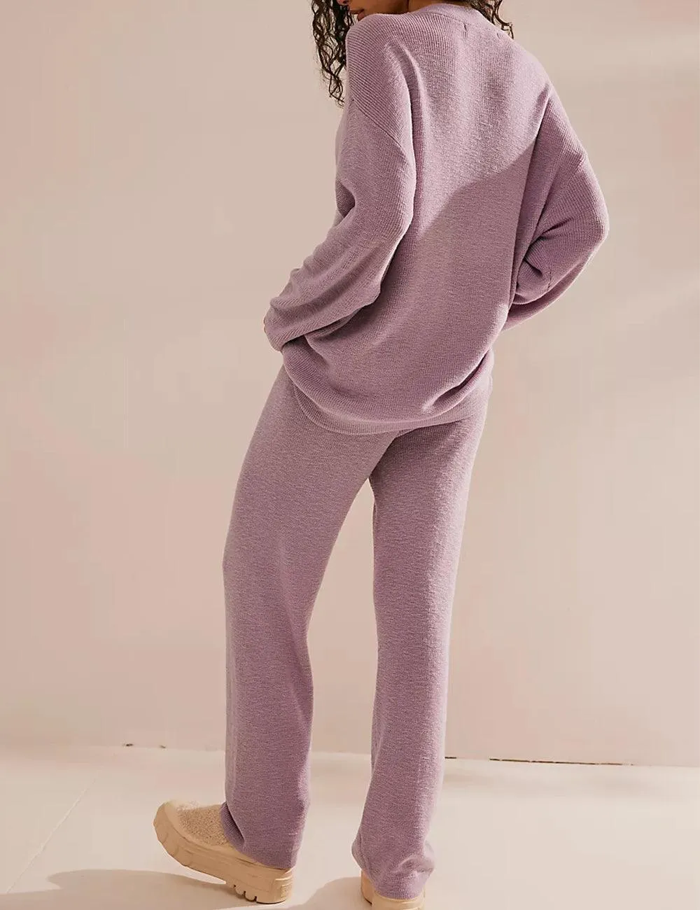 Ladies Solid Color Sweater and Pants Set SKST469