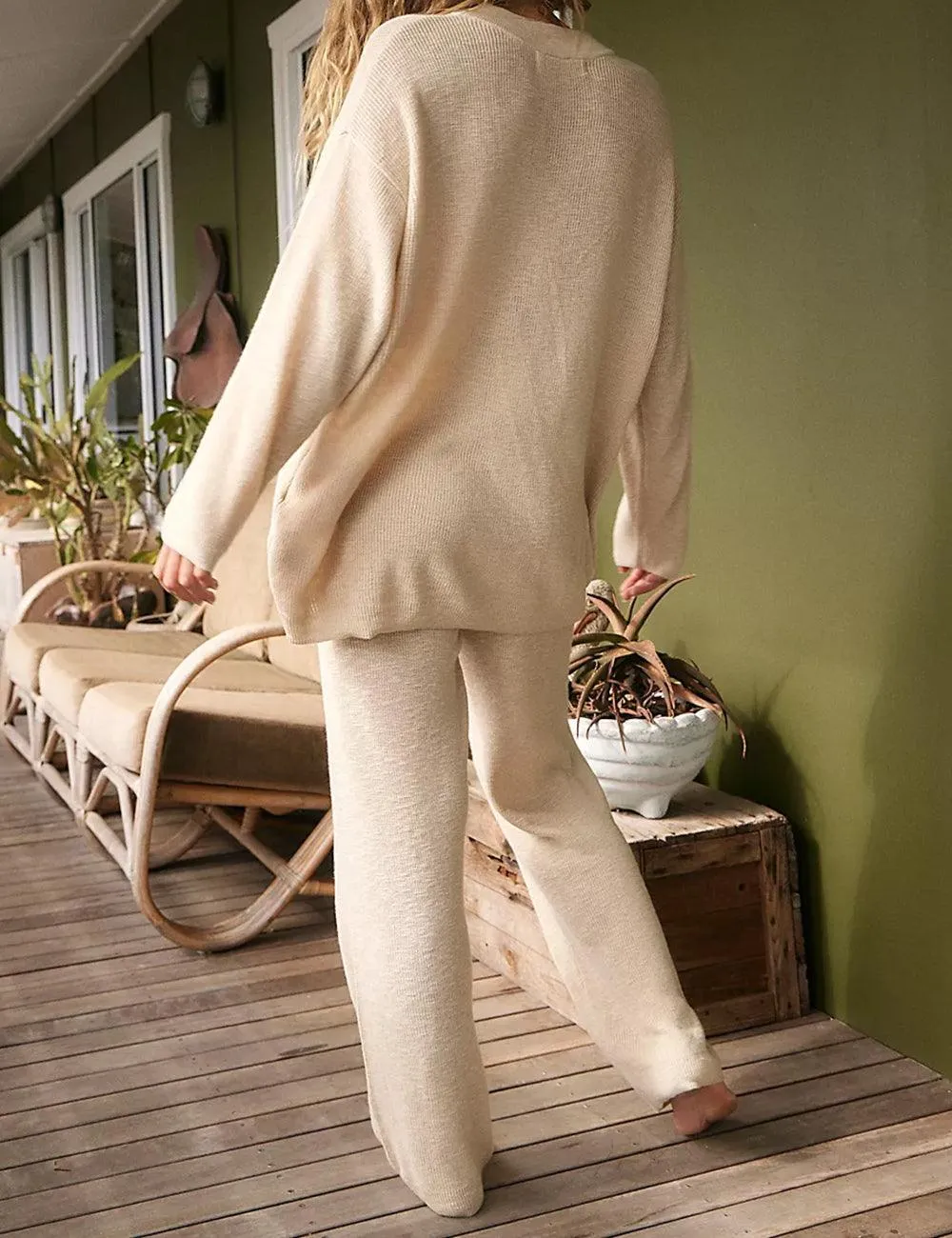 Ladies Solid Color Sweater and Pants Set SKST469