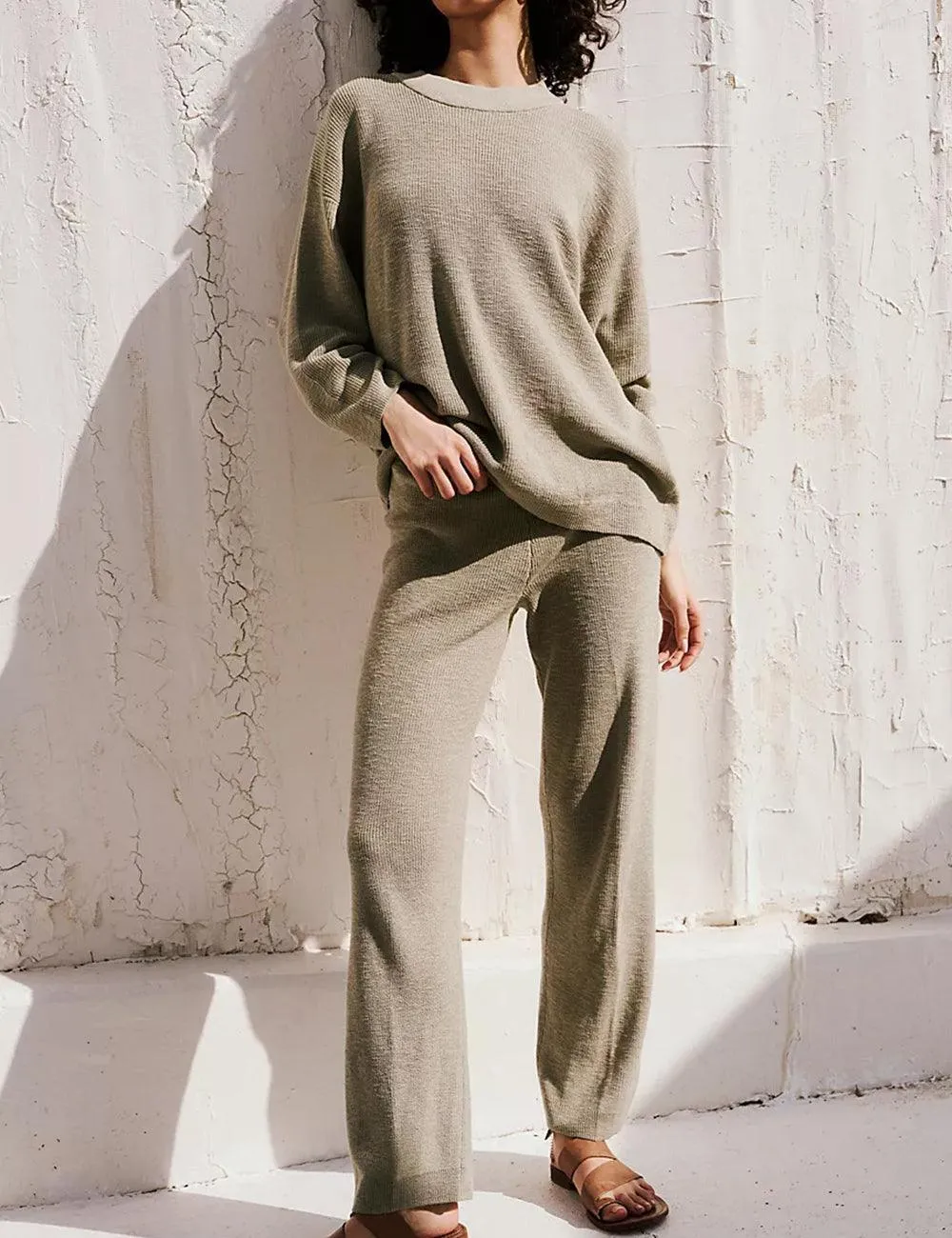 Ladies Solid Color Sweater and Pants Set SKST469