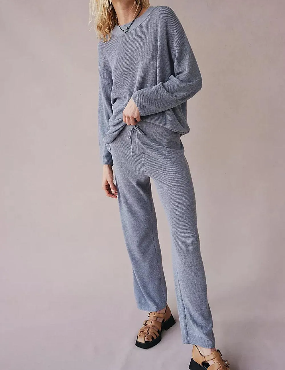Ladies Solid Color Sweater and Pants Set SKST469