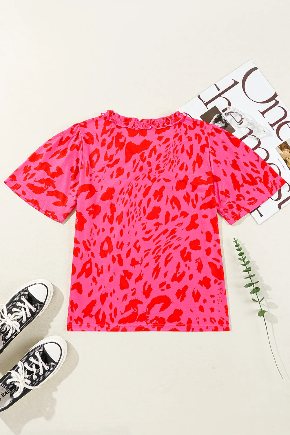 Laurel Leopard Frilly V Neck Short Sleeve Blouse