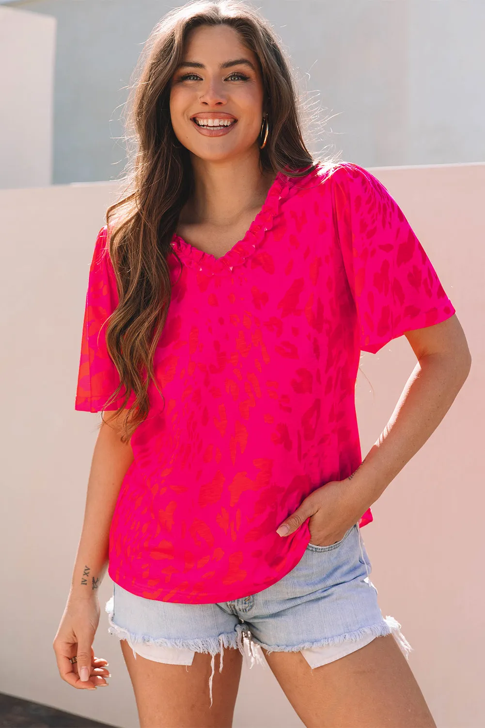 Laurel Leopard Frilly V Neck Short Sleeve Blouse