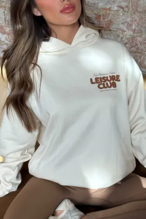 Leisure club ecru printed premium relaxed hoodie