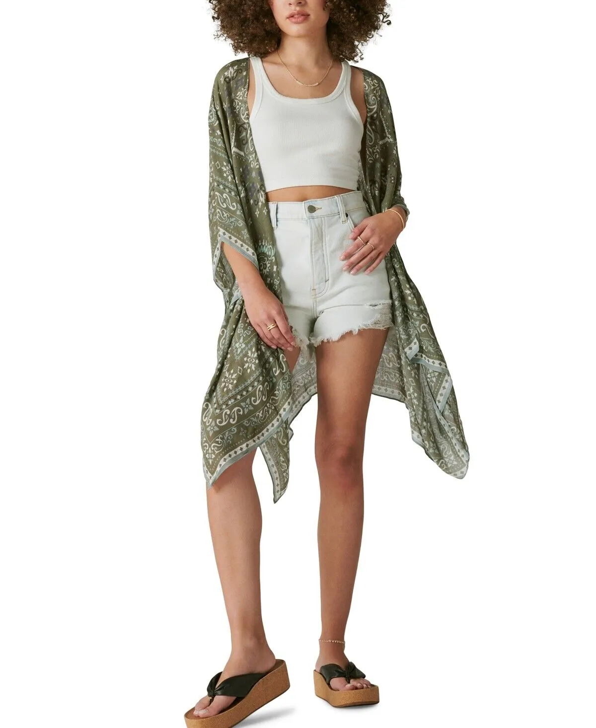 Lucky Brand Women's Printed Lightweight Kimono Top Olive Green Size OS MSRP $70