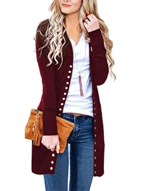 MEROKEETY Women's Long Sleeve Snap Button Down Solid Color Knit Ribbed Neckline Cardigans Wine
