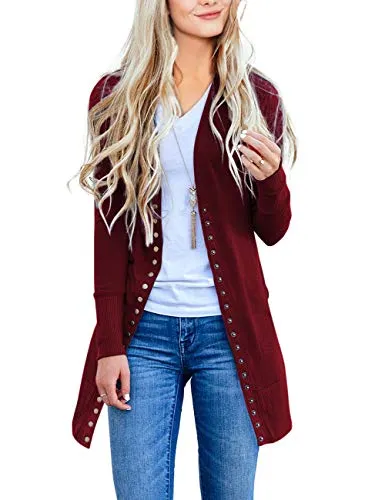 MEROKEETY Women's Long Sleeve Snap Button Down Solid Color Knit Ribbed Neckline Cardigans Wine