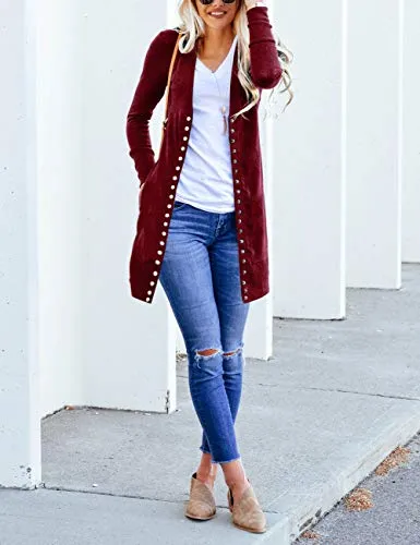 MEROKEETY Women's Long Sleeve Snap Button Down Solid Color Knit Ribbed Neckline Cardigans Wine