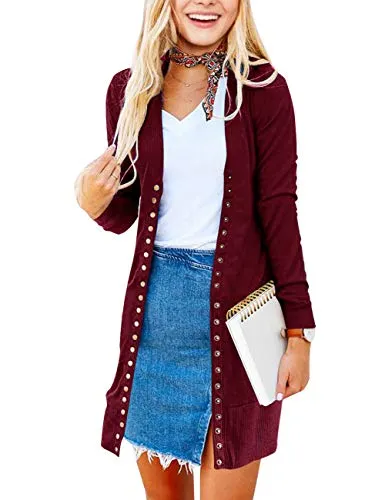 MEROKEETY Women's Long Sleeve Snap Button Down Solid Color Knit Ribbed Neckline Cardigans Wine