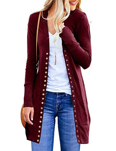 MEROKEETY Women's Long Sleeve Snap Button Down Solid Color Knit Ribbed Neckline Cardigans Wine