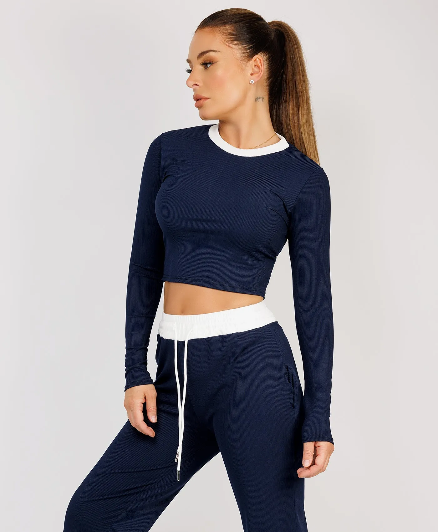 Navy Wide Leg Trousers and Long Sleeve Top Loungewear Set