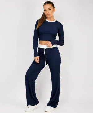 Navy Wide Leg Trousers and Long Sleeve Top Loungewear Set