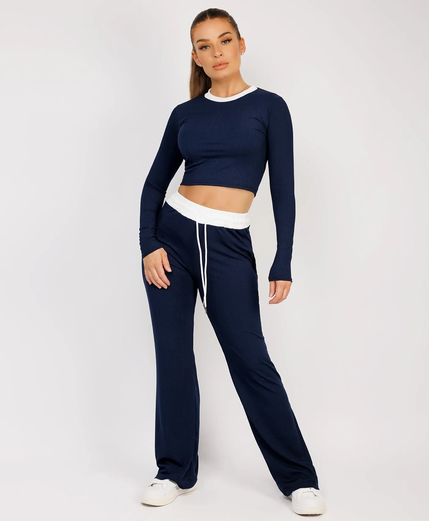 Navy Wide Leg Trousers and Long Sleeve Top Loungewear Set