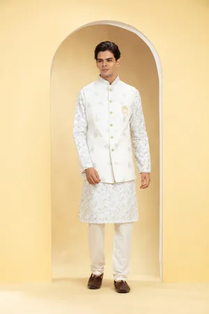 Pearl White Lucknowi Kurta Jacket Set Jacket Set Set With Embellishments