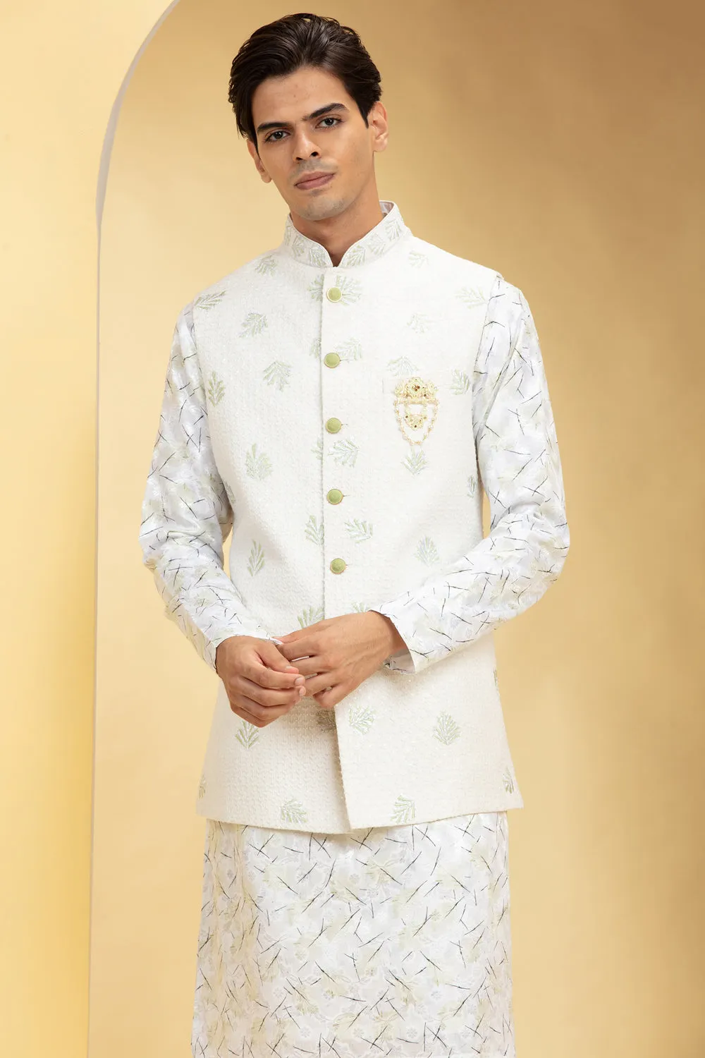 Pearl White Lucknowi Kurta Jacket Set Jacket Set Set With Embellishments