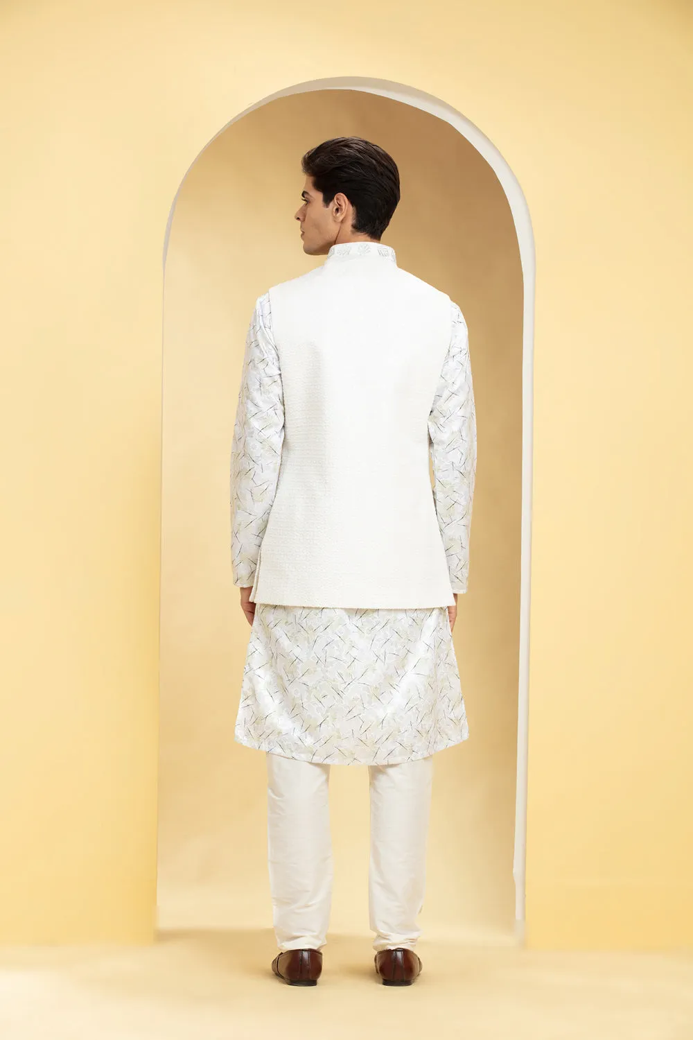 Pearl White Lucknowi Kurta Jacket Set Jacket Set Set With Embellishments