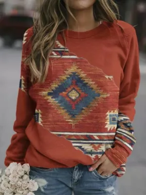 Plain Slip Top Flounce Print Round Neck Long Sleeve Sweatshirt