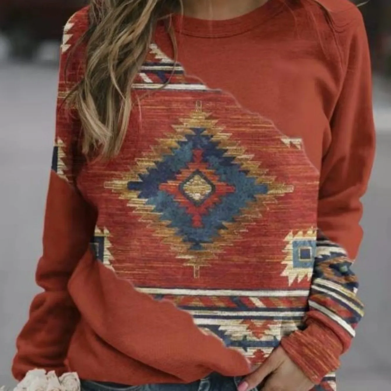 Plain Slip Top Flounce Print Round Neck Long Sleeve Sweatshirt