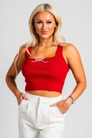 Sleeveless rhinestone bow sweater tank top red