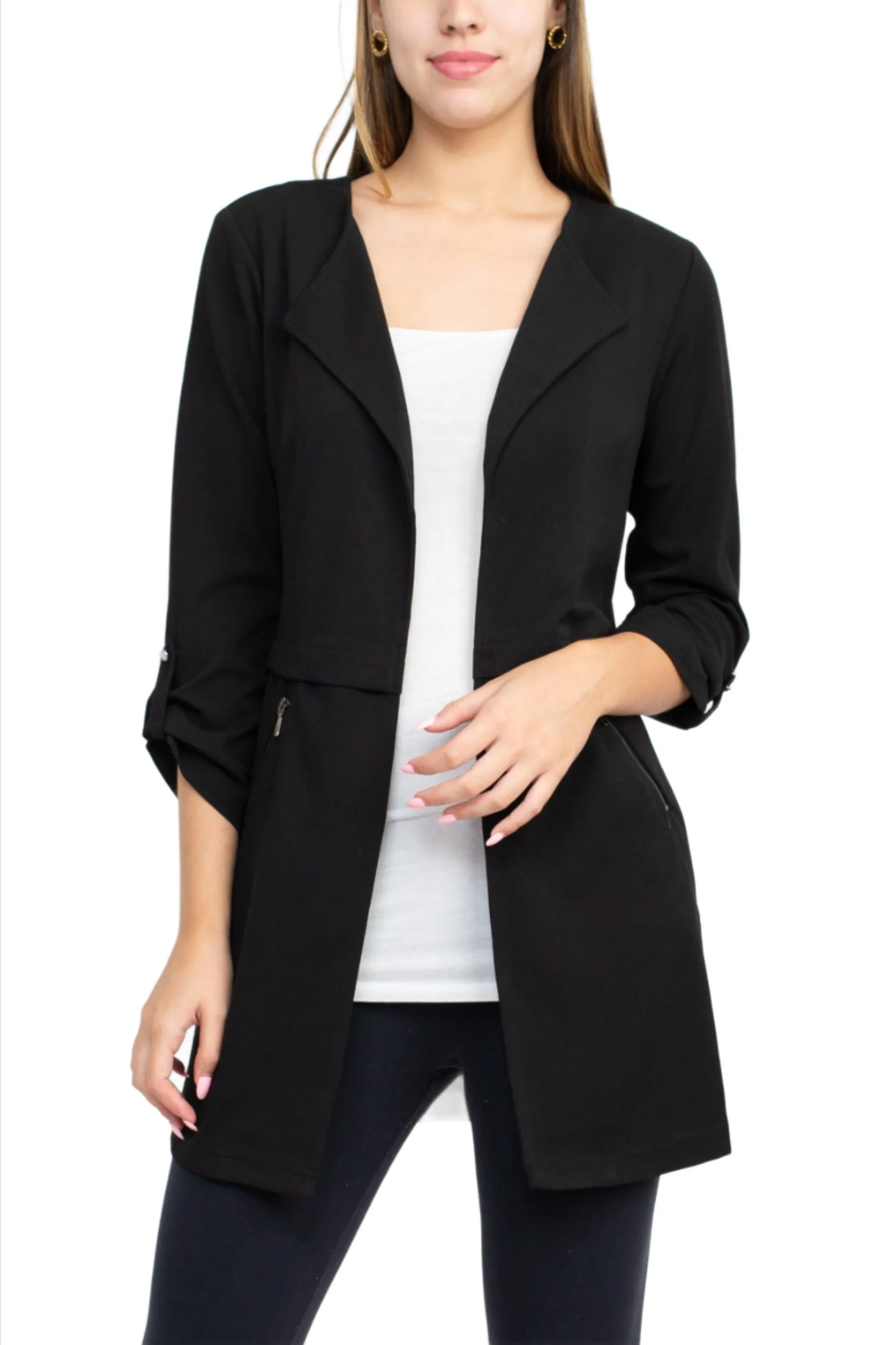 Soho Open Front 3/4 Sleeve Collared Solid Knit Jacket