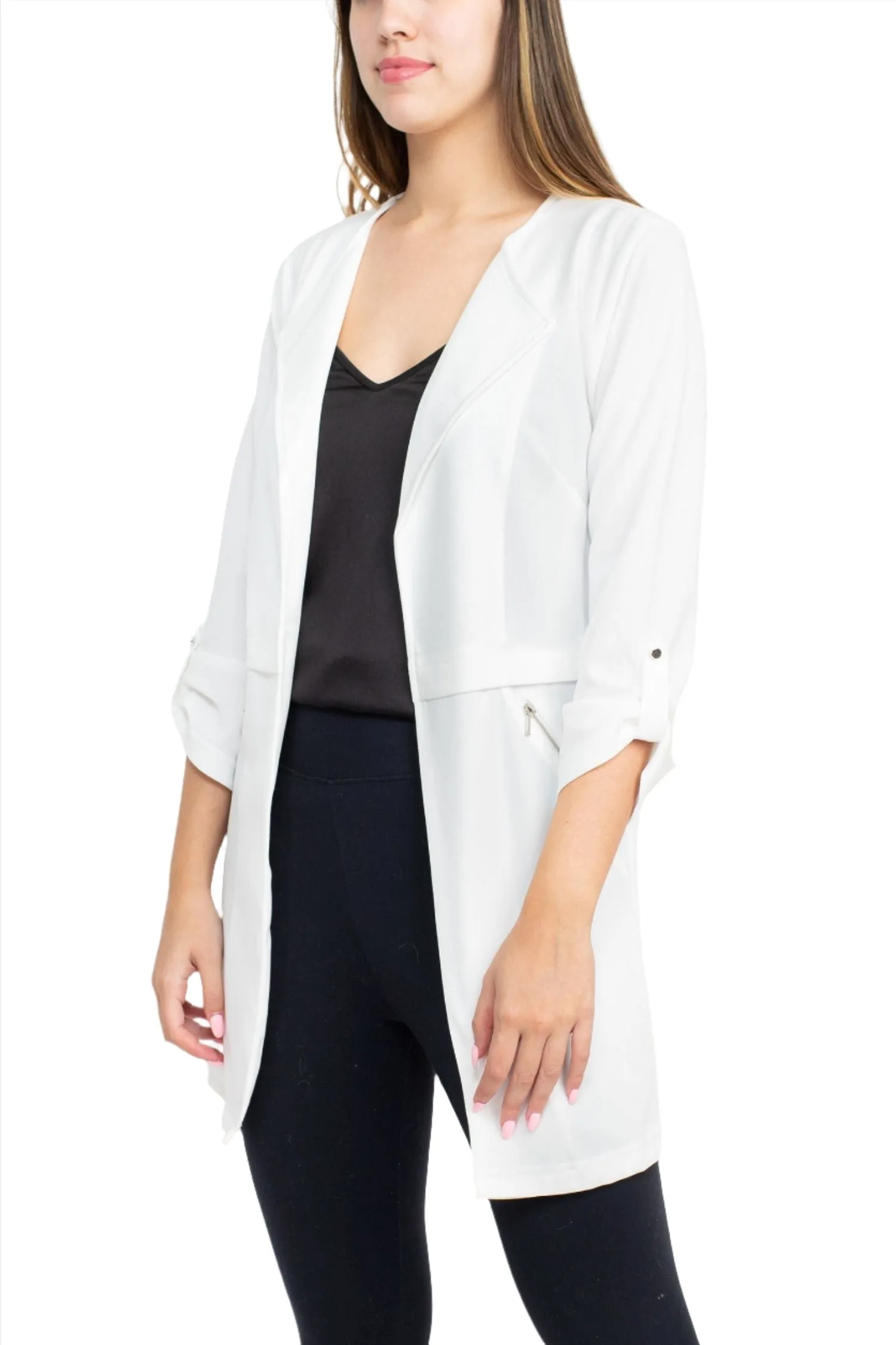 Soho Open Front 3/4 Sleeve Collared Solid Knit Jacket