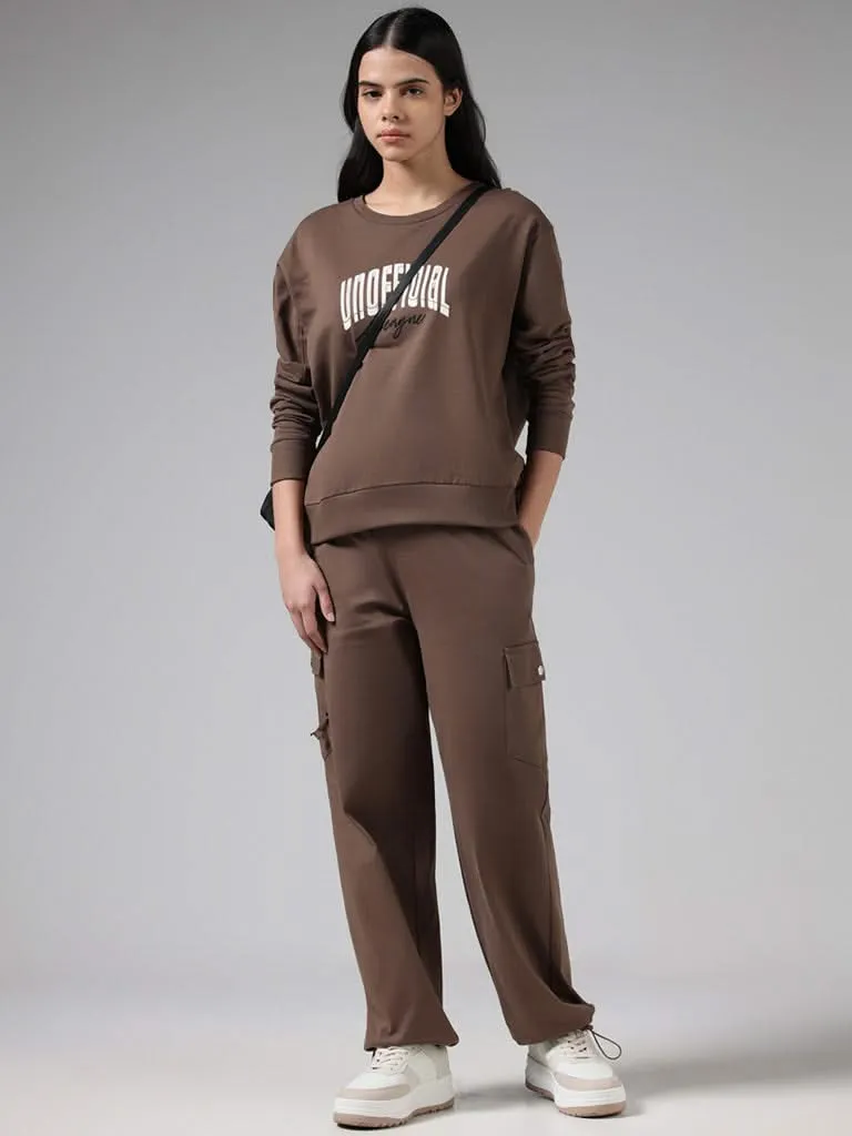 Studiofit Brown Typographic Cotton Sweatshirt