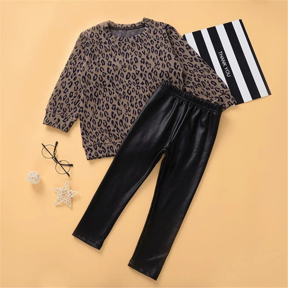 Toddler Girls Long Sleeve Leopard Top & PU Trousers Girl Wholesale