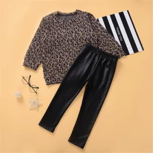 Toddler Girls Long Sleeve Leopard Top & PU Trousers Girl Wholesale